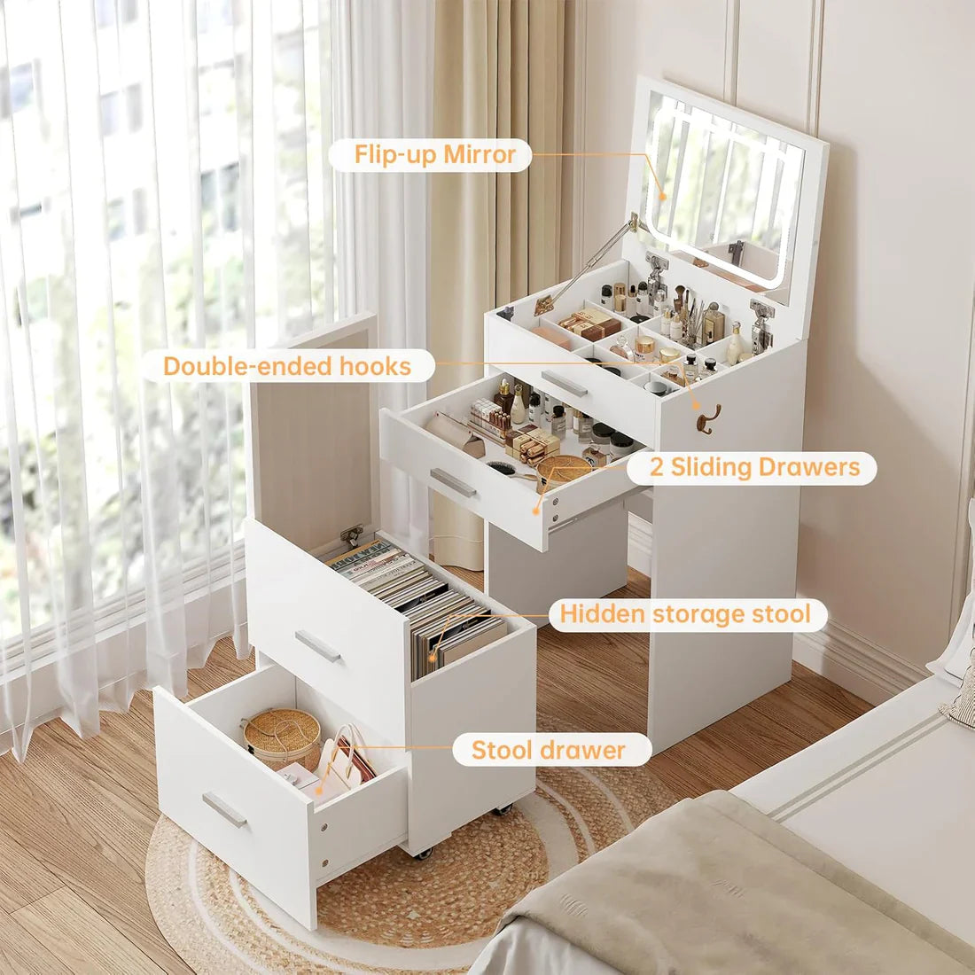 ✨Bedroom Flip Over Makeup Table,Dressing Table Storage Integrated