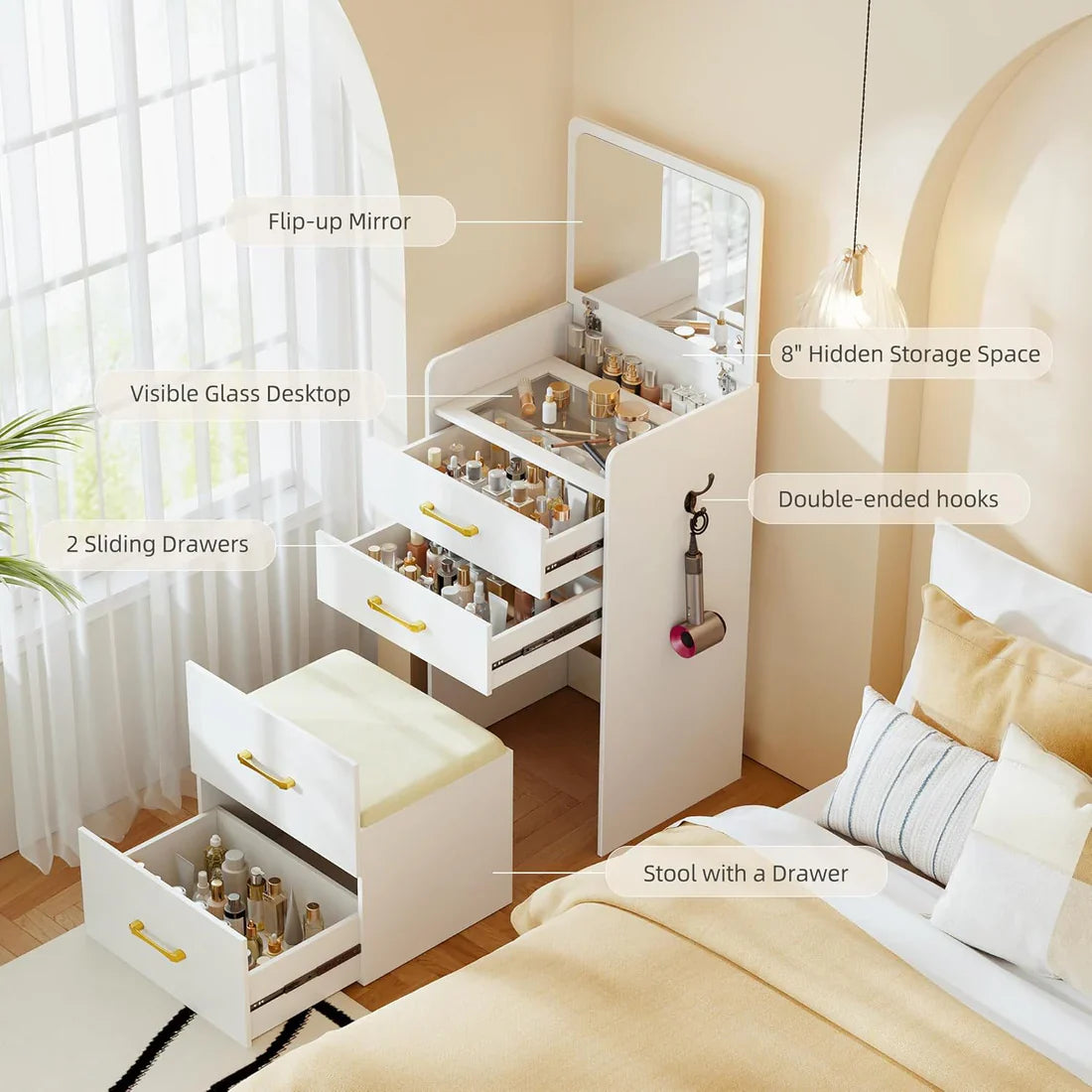 ✨Bedroom Flip Over Makeup Table,Dressing Table Storage Integrated