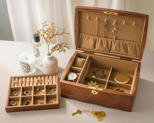 ✨Wooden Jewelry Box Jewelry Organizer with Ring Cushions Earring & Necklace Storage
